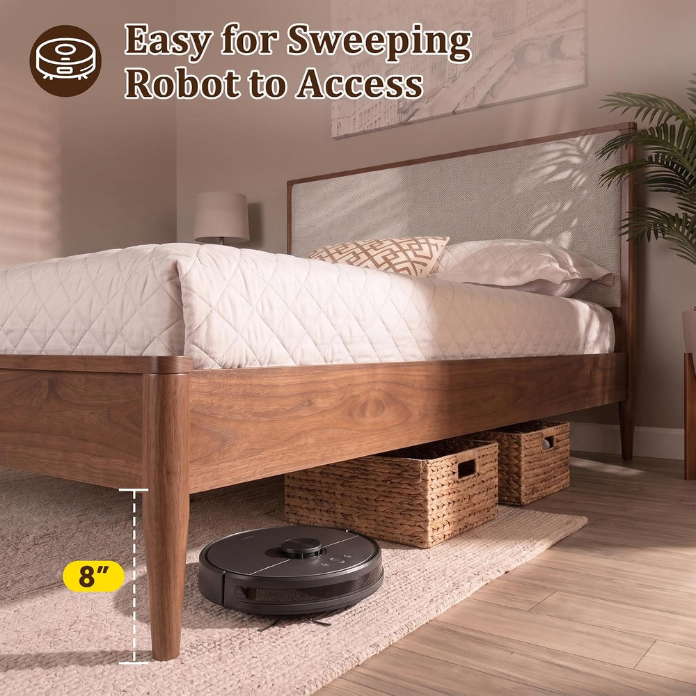 SOFTSEA Solid Wood Queen Bed Frame with Upholstered Headboard, Mid Century Mo...
