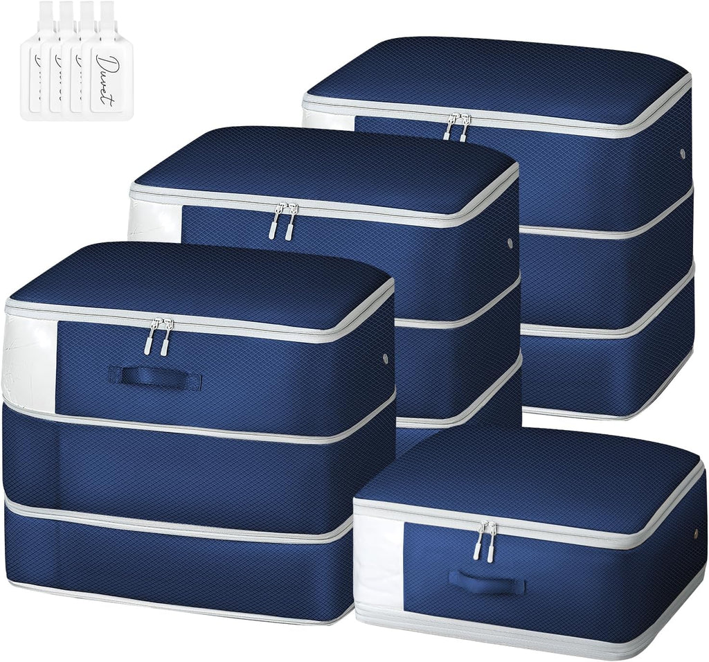 Comforter Storage Bag - Large Capacity Blanket Storage Bags 3-Layer Ultra Space Saving Self Compression Organizer, Washable Compression Bags for Storage Comforter Blanket, 4-Pack, Navy Blue