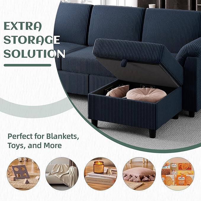 Vongrasig Convertible Sectional Sofa Couch, 3 Seat L Shaped Sofa with Removable Pillows Soft Corduroy Fabric Small Couch Mid Century for Living Room, Apartment and Office (Blue)