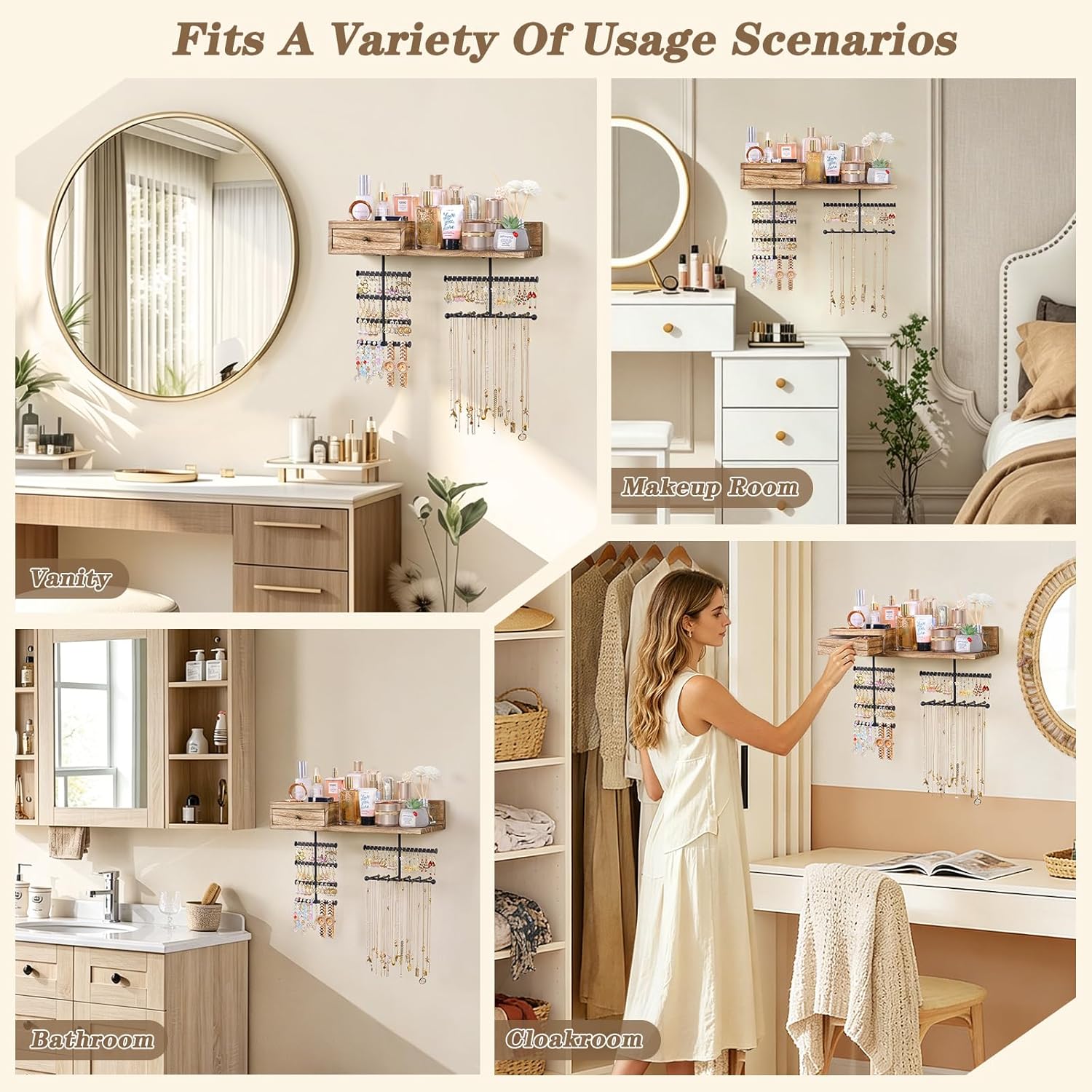 VINAEMO Jewelry Organizer Hanging Wall Mounted Jewelry Holder with Rustic Wood Drawer & Large Capacity Storage Shelf Rack Display for Earrings Rings Necklaces Bracelet