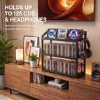 3-Tier CD Holder, Sturdy Steel CD Storage Rack for Display, Holds 125 CDs | Versatile CD Organizer with Top Display Shelf, Reversible Trays, Headphone Hook for Home Office Gaming Room Kitchen Counter