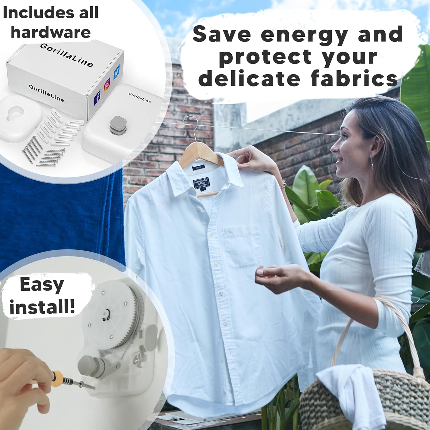 GorillaLine - Retractable Clothesline Indoor Outdoor Clothes Line | Heavy Duty Clothes Drying Laundry Line | Wall Mounted Drying Rack Clothing Line