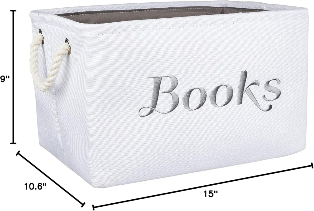 APPLE PIE ORDER Nursery basket, Storage & organizer Bin for Baby, Diapers, Wipes, Books, Toys. White Canvas fabric Decorative Box with Embroidering. (Books - Gray, Medium)