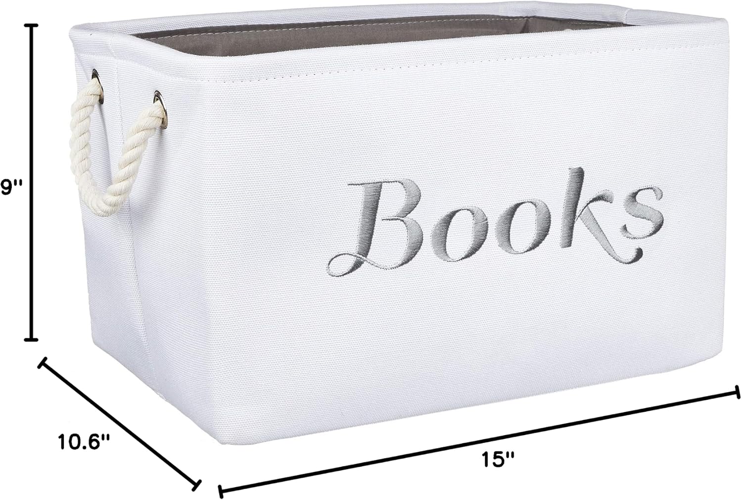 APPLE PIE ORDER Nursery basket, Storage & organizer Bin for Baby, Diapers, Wipes, Books, Toys. White Canvas fabric Decorative Box with Embroidering. (Books - Gray, Medium)