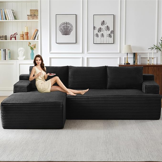 96" Modular Sectional Sofa Couches L-Shape Couch 3 Seat Modular Sofa Corduroy Memory Foam Sectional Boneless Couches for Living Room, Cloud Couch with Oversized Chaise(Black, Left Facing)