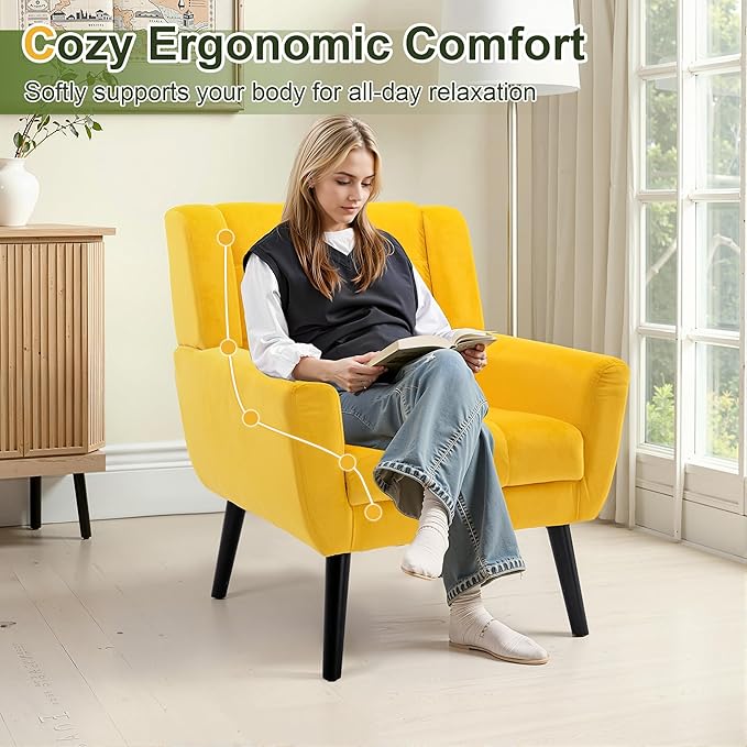 NicBex Modern Accent Chair for Living Room Upholstered Foam Filled Living Room Chairs with Metal Legs Velvet Cozy Lounge Armchair for Living Room Bedroom,Yellow