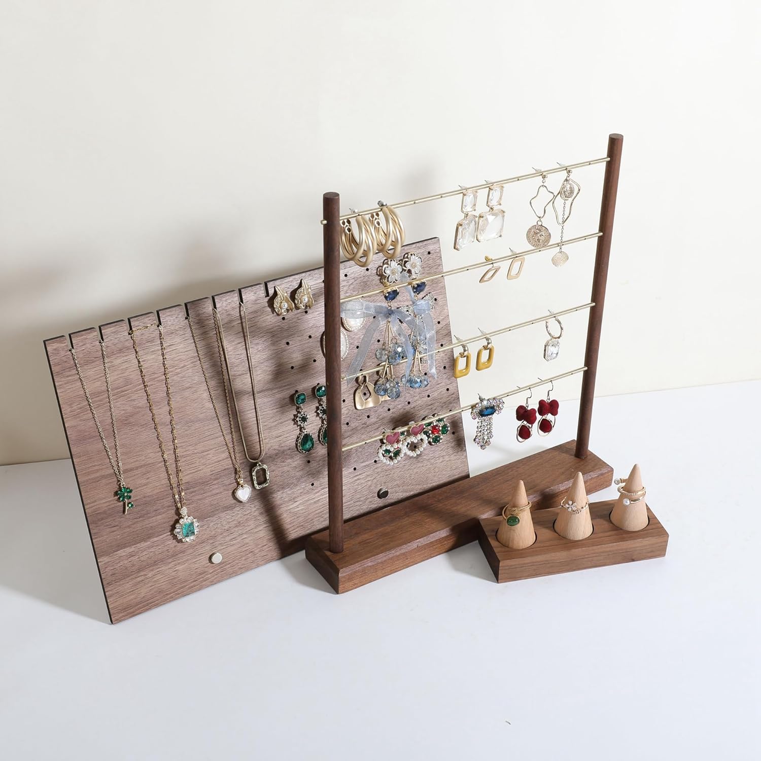 GemeShou Walnut earrings display stand for selling, wooden jewelry earring organizer shelf, wood earring storage organizer rack for boutique store【Earring shelf-Large】
