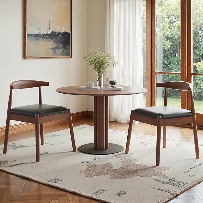 Farini Mid Century Modern Dining Chairs Set of 2, Solid Wood Frame Kitchen Chairs with PU Leather Upholstered Seat for Dining Room & Breakfast Nook，Walnut-Black