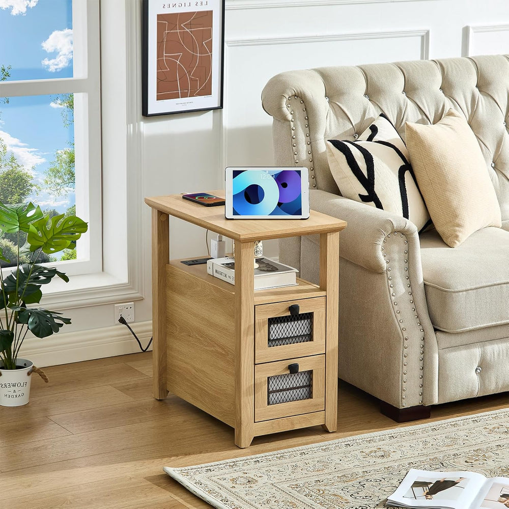 HDDDZSW Farmhouse XXL End Table with Charging Station, Narrow Side Table with...