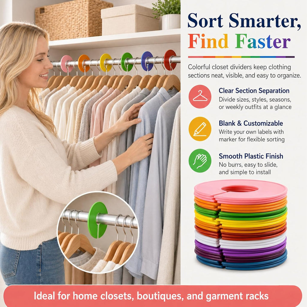 Sukh 50 Baby Closet Dividers Durable - Home Closet Organizer & Storage | Colorful Plastic Rack Divider, Large Hanger Labels, Hanging Clothes Size Dividers, for Boutique Settings & Nursery Essentials