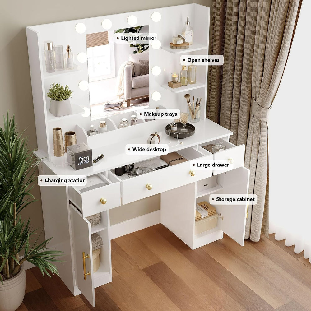 Wodeer Makeup Vanity Desk with Mirror and Lights, 43" White Vanity Set w...
