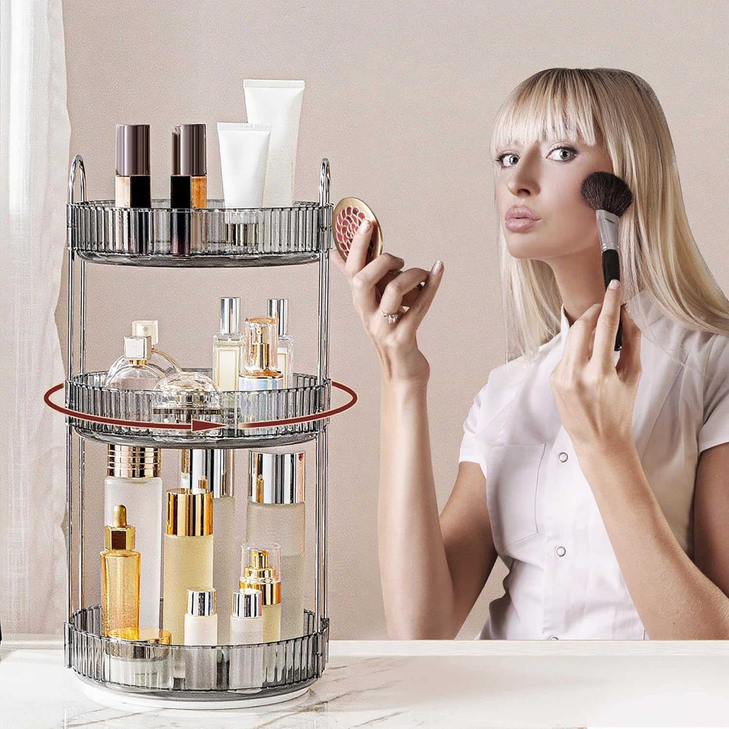 360° Rotating Makeup Organizer, Bathroom Make Up Spinning Holder Rack, Large Capacity Cosmetics Storage Vanity Shelf Countertop, Fits Cosmetics, Perfume, Skincare, Lipsticks(3 Tiers, Gray)