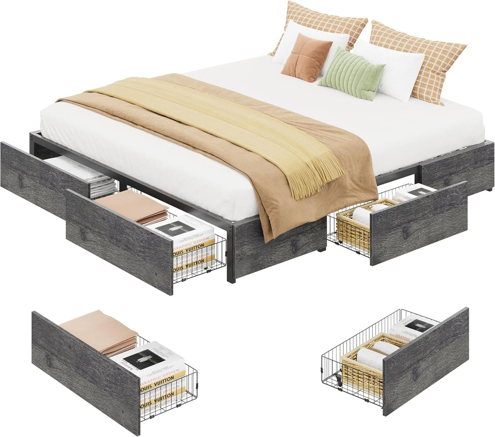 LIKIMIO King Bed Frame with 4 Storage Drawers, Charcoal Grey