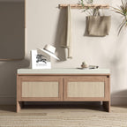 SOFTSEA 39.4" Shoe Storage Bench with Rattan Doors & Cushion, Natural | Entryway Bench with 2 Rattan Doors, Padded Seat Cushion, Mid-Century Modern Shoe Cabinet for Hallway, Bedroom, Living Room