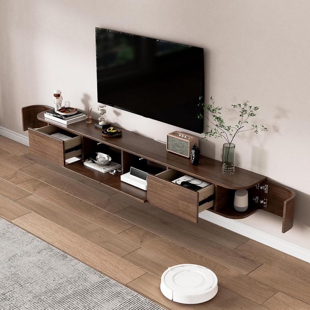 Solid Wood Floating TV Stand - Wall Mounted Media Console with 2 Side Doors, ...