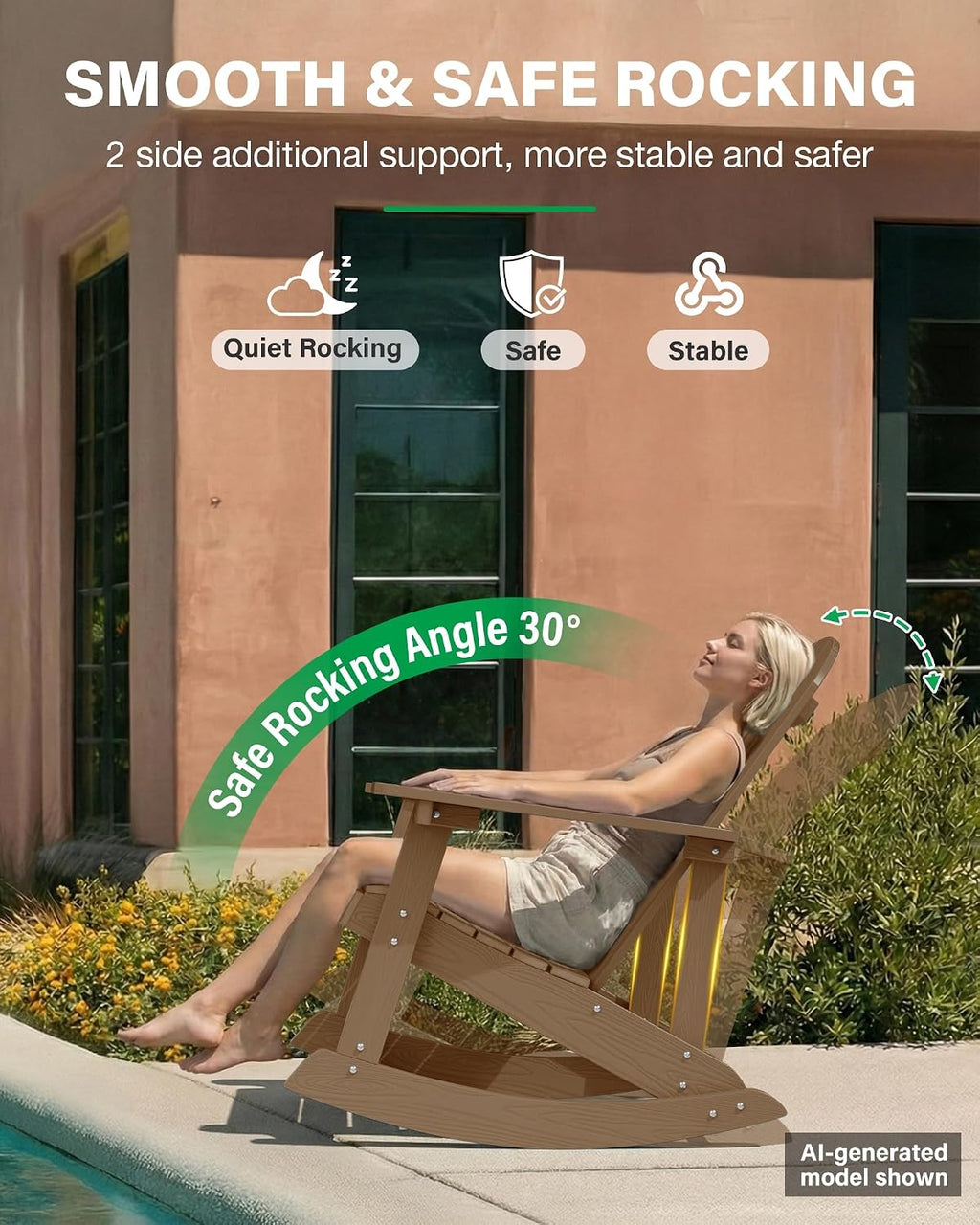 YEFU Adirondack Rocking Chair Set of 2, All-Weather Resistant, Teak | Outdoor Rocking Chair Oversized, Rocker Chair with Wide Back,Look Like Real Wood, For Patio/Porch/Backyard,Heavy Duty 380 lbs