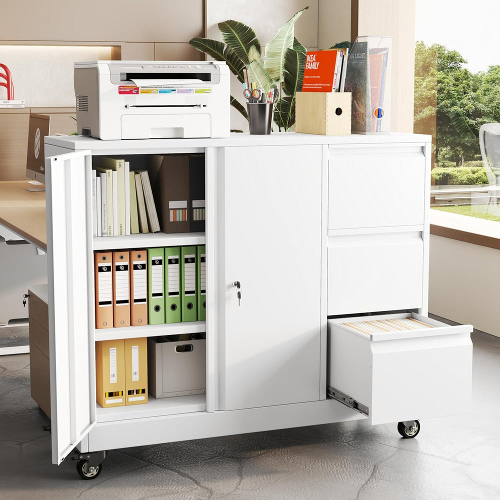 47" Rolling File Storage Locker Cabinet with 3-Drawer，Office Storage Cab...