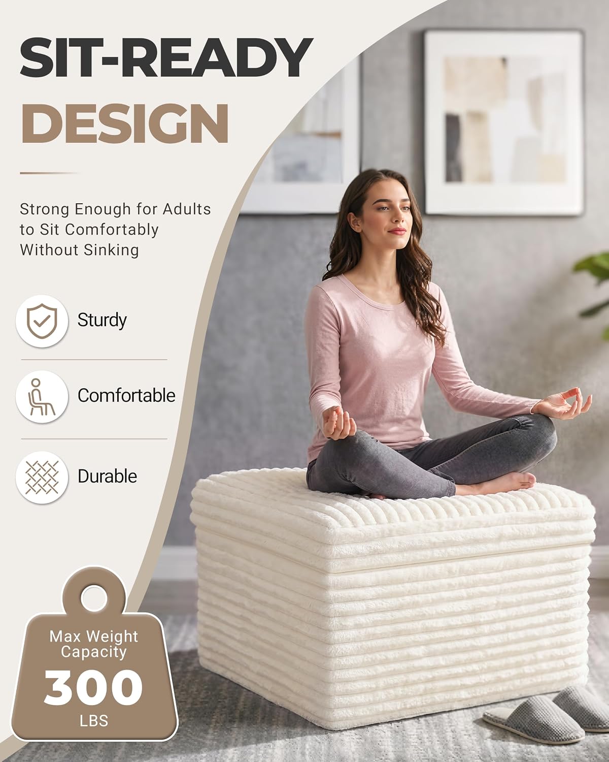 23.6in Pouf Ottoman, Corduroy Footstool Foot Rest Seating, Beige | Dual-layer support poofy pouf with soft chunk-foam top & firm foam base. Ideal floor foot stool & seating for living room