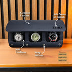 DailyWatch | Personalized Watch Roll Travel Case For 3 Watches - Handmade Genuine Leather Travel Case With Custom Engraving of Name or Initials - Navy Blue Litchi