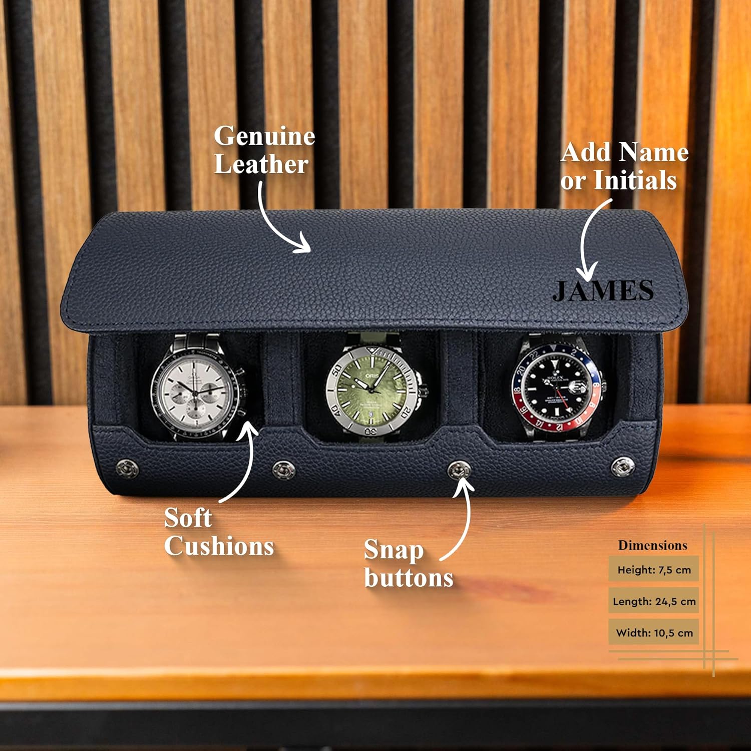 DailyWatch | Personalized Watch Roll Travel Case For 3 Watches - Handmade Genuine Leather Travel Case With Custom Engraving of Name or Initials - Navy Blue Litchi
