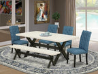 East West Furniture X627EL121-6 6 Piece Dinette Set Contains a Rectangle Dining Room Table with X-Legs and 4 Blue Linen Fabric Parson Chairs with a Bench, 40x72 Inch, Multi-Color