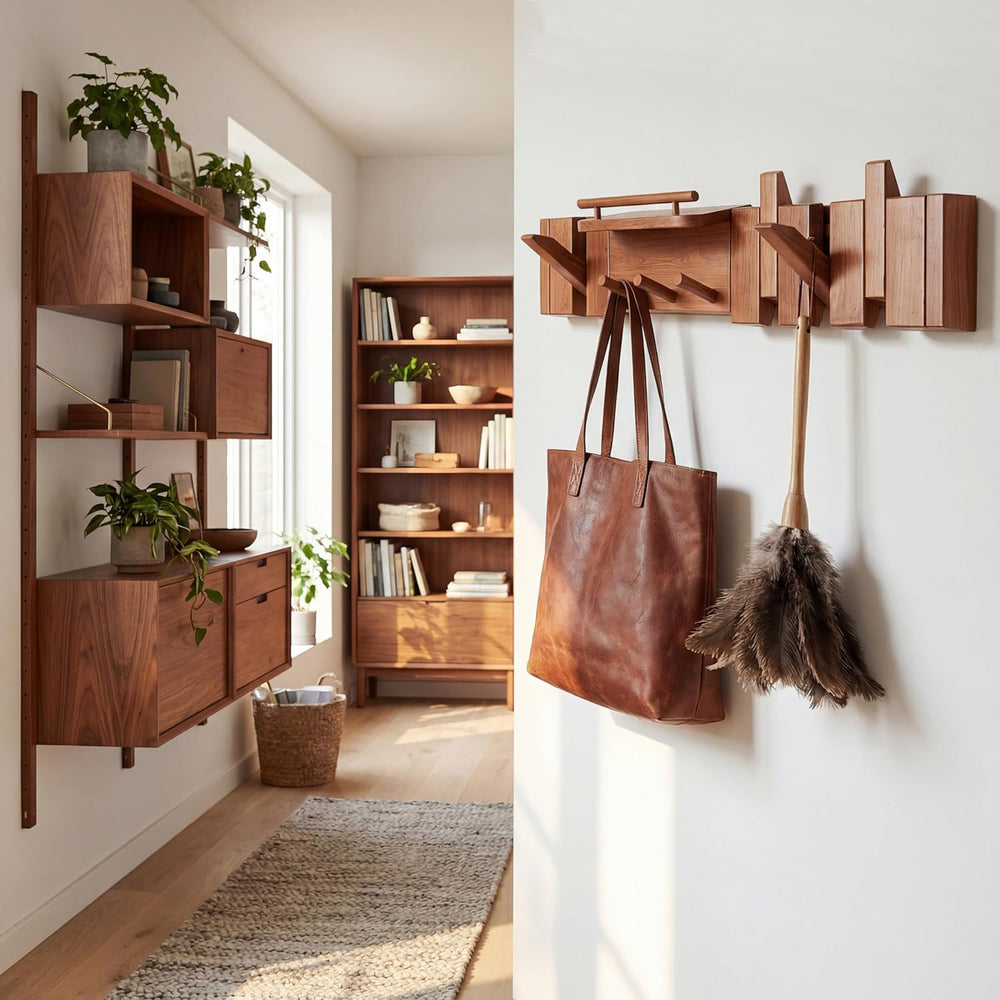 Mid Century Modern Wood Coat Rack Wall Mount with Shelf, 7 Hooks, Walnut