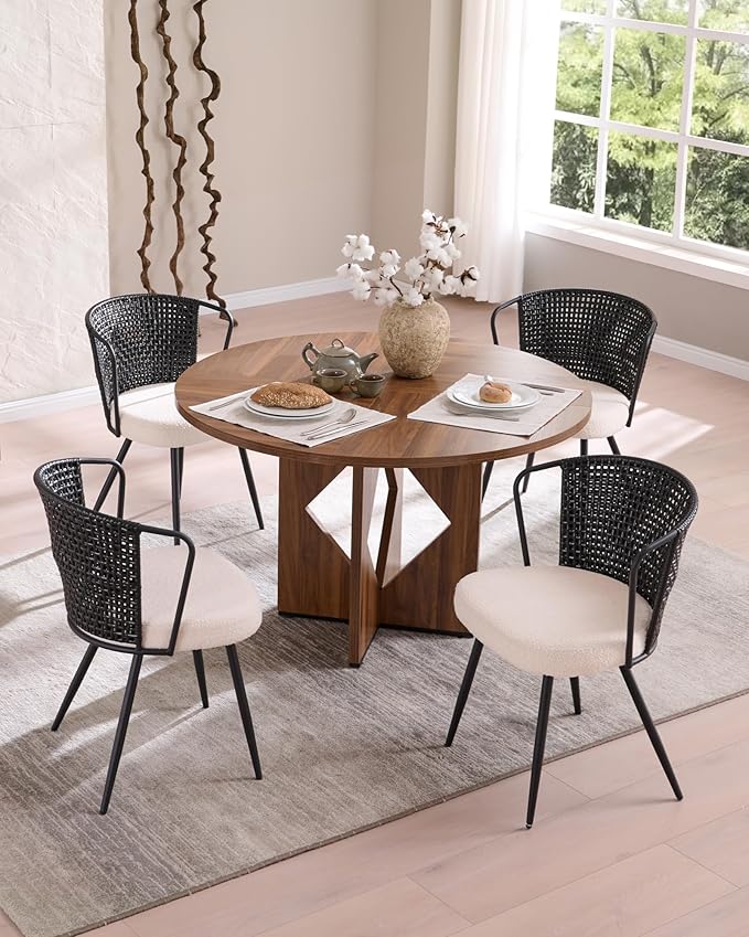 BedsPick Rattan Dining Chair Set of 4 - Farmhouse Upholstered Cane Back Kitchen Chair with Boucle Cushion, Wingback Dining Room Seat with Metal Legs for Home, Kitchen (Black)