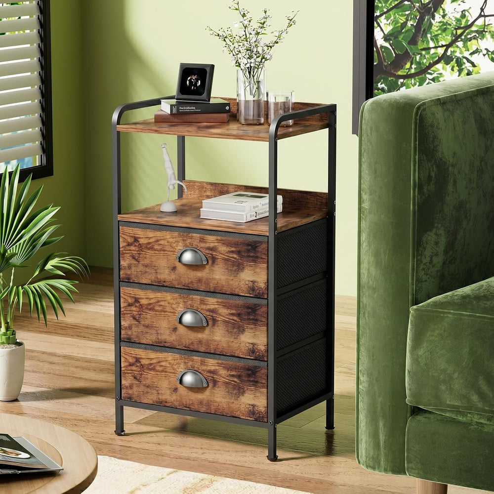 Night Stand Set 2, Nightstand with 3 Fabric Drawers and 2-Tier Shelf, Small D...