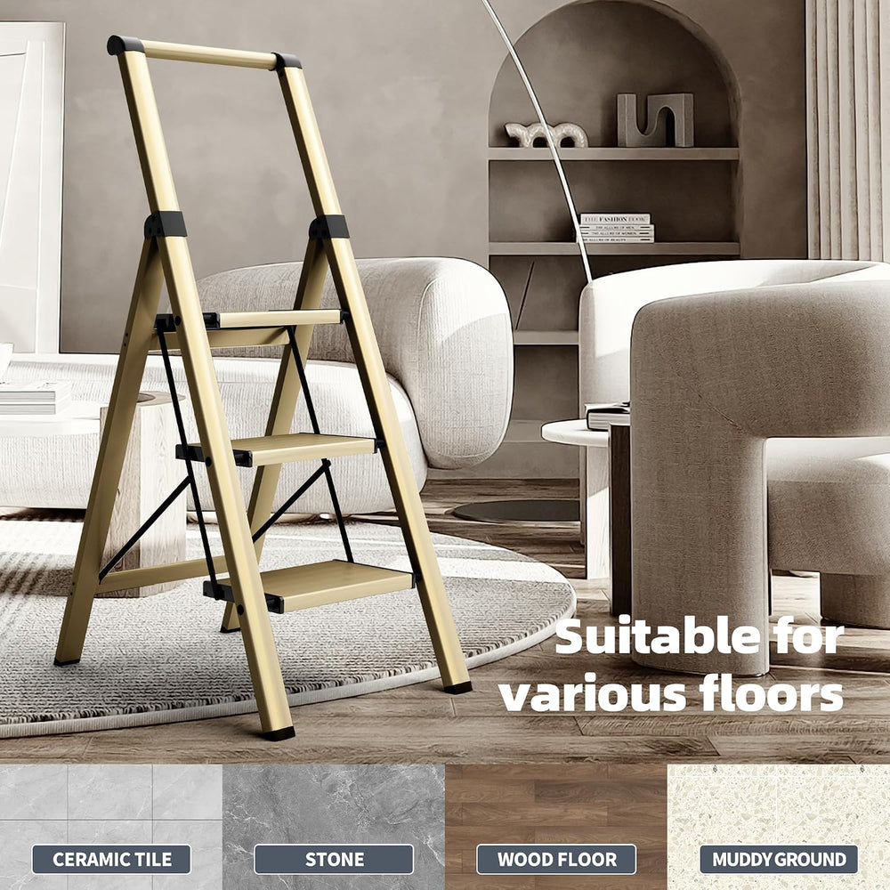 HillhutApex Aluminum 3 Step Ladder, Step Stool Foldable Ladder(Gold)