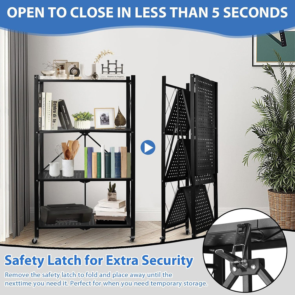 4-Tier Foldable Storage Shelf with Wheels, Metal Collapsible Shelving Unit, H...