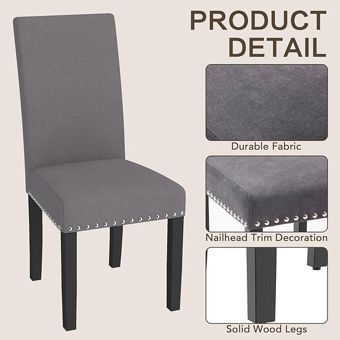 Wooden Dining Chairs Set of 2, Modern Fabric Upholstered Kitchen Side Chairs, Farmhouse High Back Chair with Copper Nail(Gray)