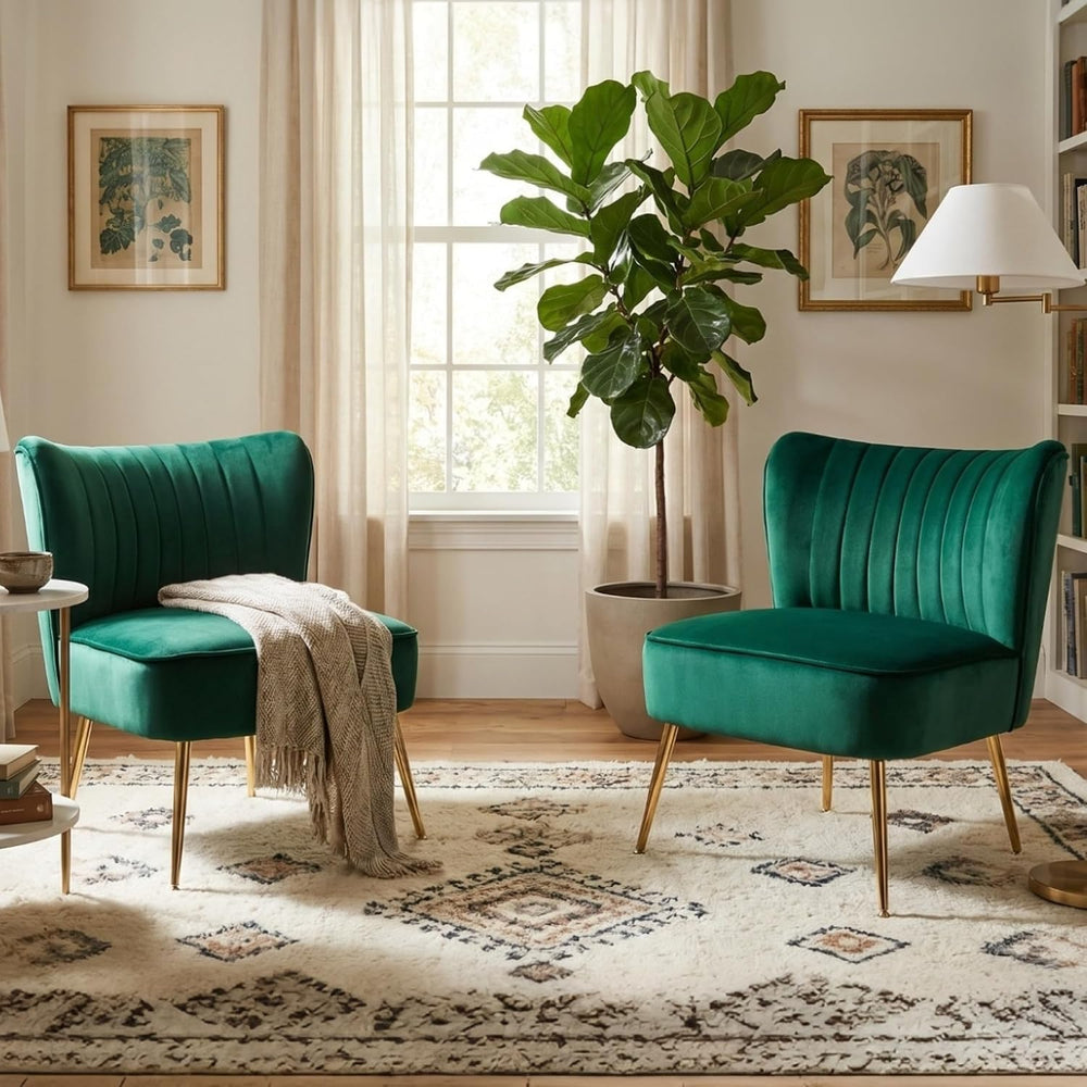 Velvet Accent Chair Set of 2 Comfy Living Room Chairs with Golden Legs Wingba...