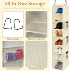 Hanging Shoe Organizer for Closet with 8 Shelves,Mesh Pockets-Wider Hanging Shelves for Shoes,Clothes,Hats with Sturdy Bamboo-Supported Design (Beige)