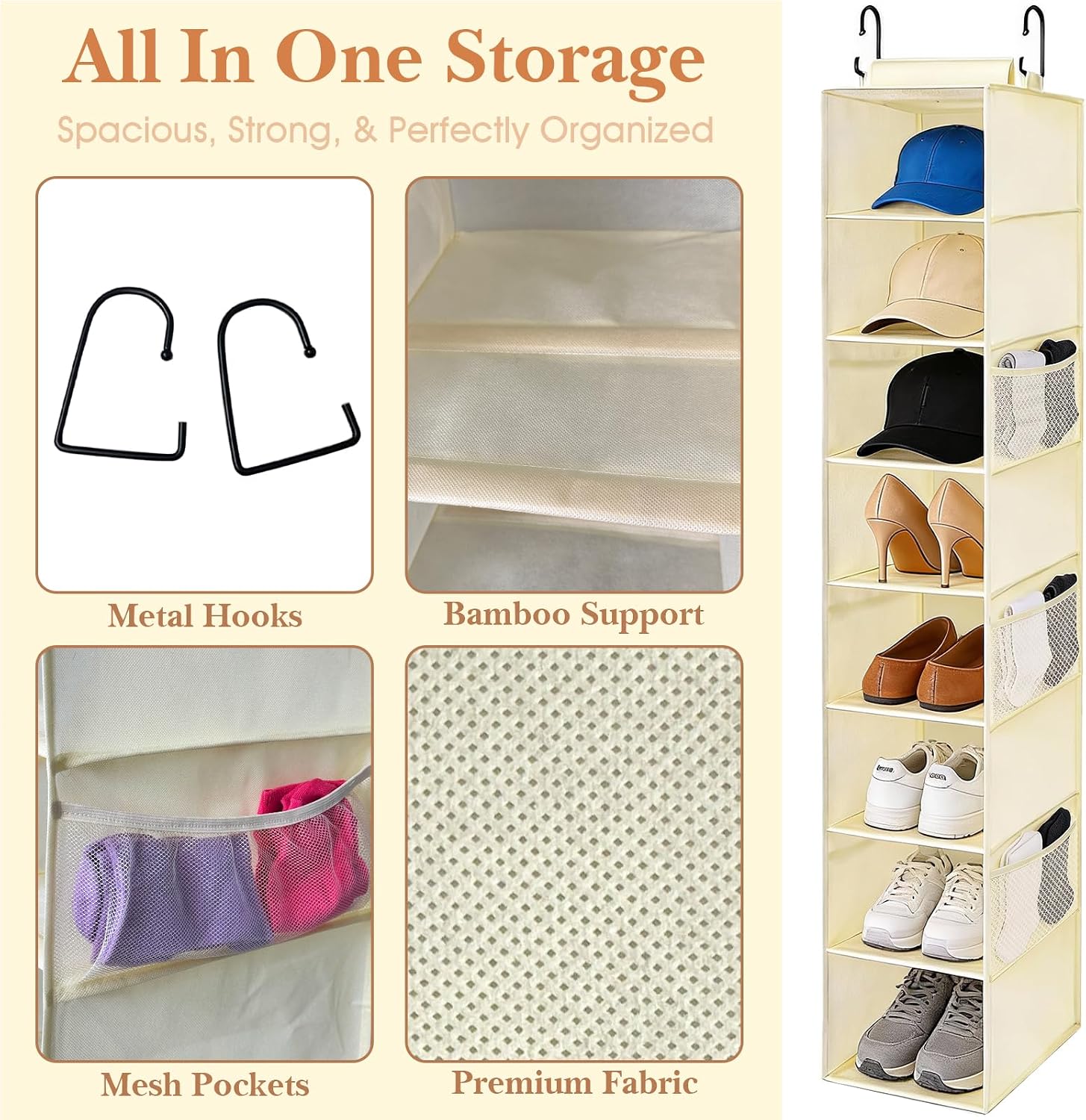 Hanging Shoe Organizer for Closet with 8 Shelves,Mesh Pockets-Wider Hanging Shelves for Shoes,Clothes,Hats with Sturdy Bamboo-Supported Design (Beige)