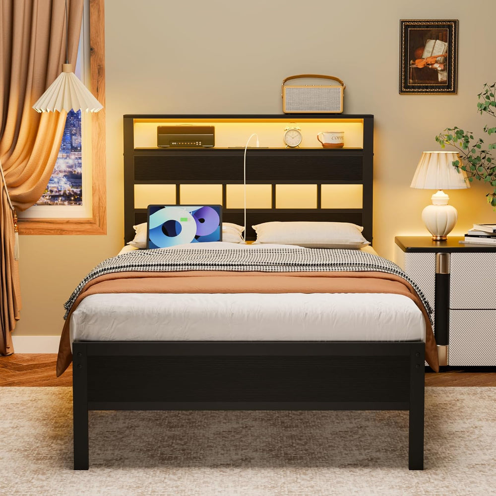Twin Bed Frames with Charging Station and LED Lights, Black Oak