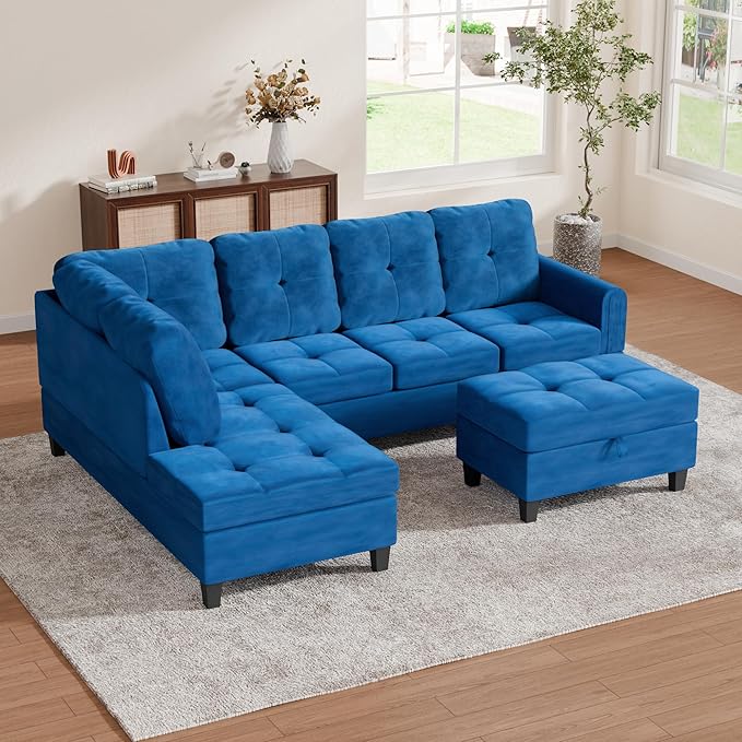 Sectional Couches for Living Room with Movable Chaise & Storage Ottoman - 97.5" Velvet L Shaped Couches for Living Room Apartment, 4 Seat Home Furniture Modular Sectional Sofas, Blue