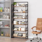 JSB Folding Bookshelf,Industrial Storage Shelves, No Assembly Vintage Wood Look Bookshelf with Storage Shelves for Living Room, Bedroom, Office (Fire Brown, Wide 6-Tier)