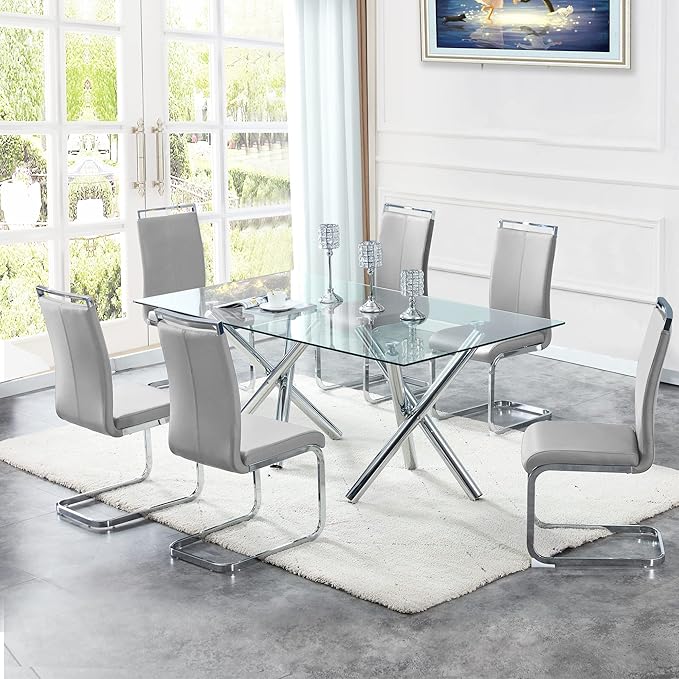 AZmac Modern Leather Dining Chairs Set of 6,Armless Kitchen Chairs,Dining Room Chairs with Upholstered Padded Seat and Sturdy Chrome Legs for Dining Room,Kitchen (Set of 6, Warm Grey)