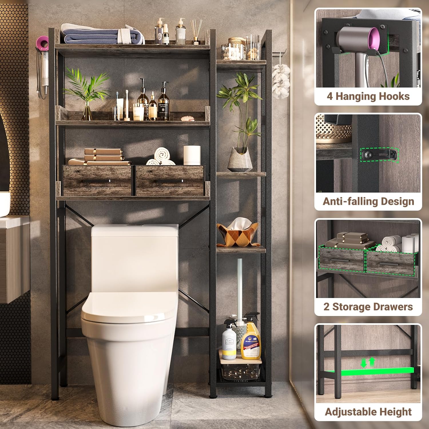 Over The Toilet Storage with 2 Drawers - 7 Tier Bathroom Organizer with Adjustable Shelf, Freestanding Space Saver Storage Rack Above Toilet Stand with 4 Hooks for Restroom, Laundry, Grey Oak