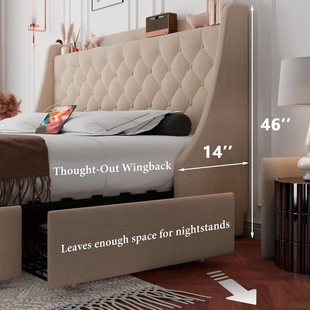 iPormis King Bed Frame with 4 Storage Drawers, Upholstered Platform Bed Frame...