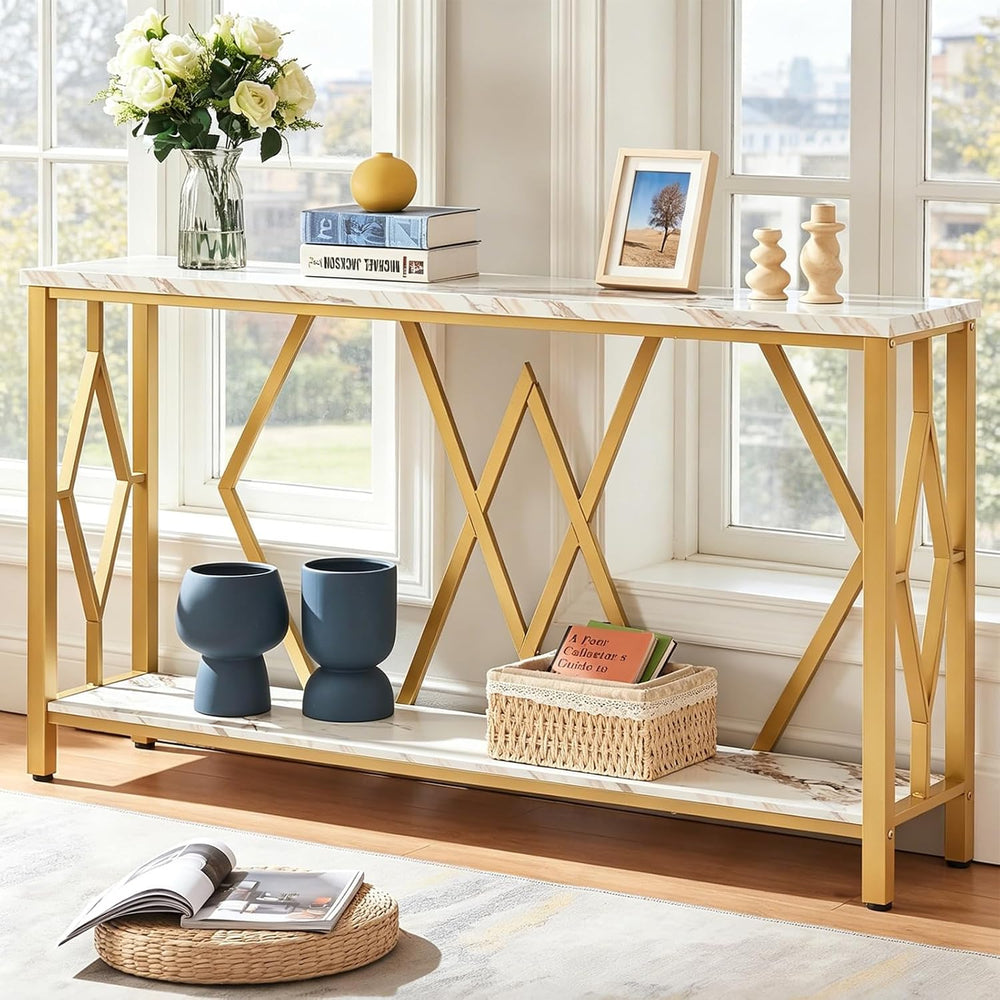 HOMISSUE 55 Inch Modern Entryway Console Table, White & Gold Faux Marble ...