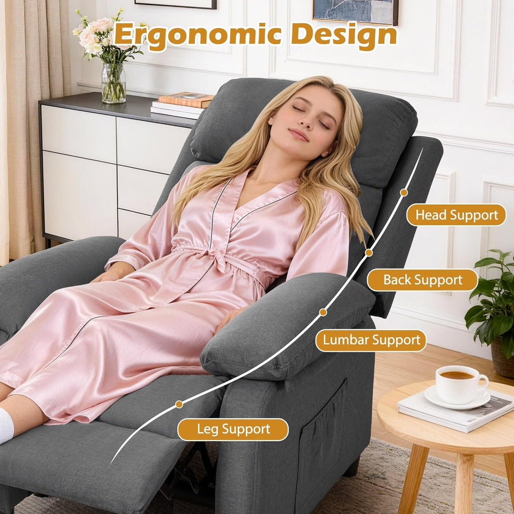 Korser Recliner Chair, Living Room Chairs for Adults, Padded Deep Seat Reading Chair with Side Pockets, Small Recliners for Small Spaces, Lounge Chair for Living Room, Bedroom, and RV (Linen)