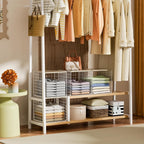 4 Pack Closet Organizers and Storage with Wood Top, Stackable Closet Shelf Organizer, Double Storage Design, Clothes Storage Basket/Cube Organizer for Wardrobe, Sturdy, White (Patent Pending) ﻿
