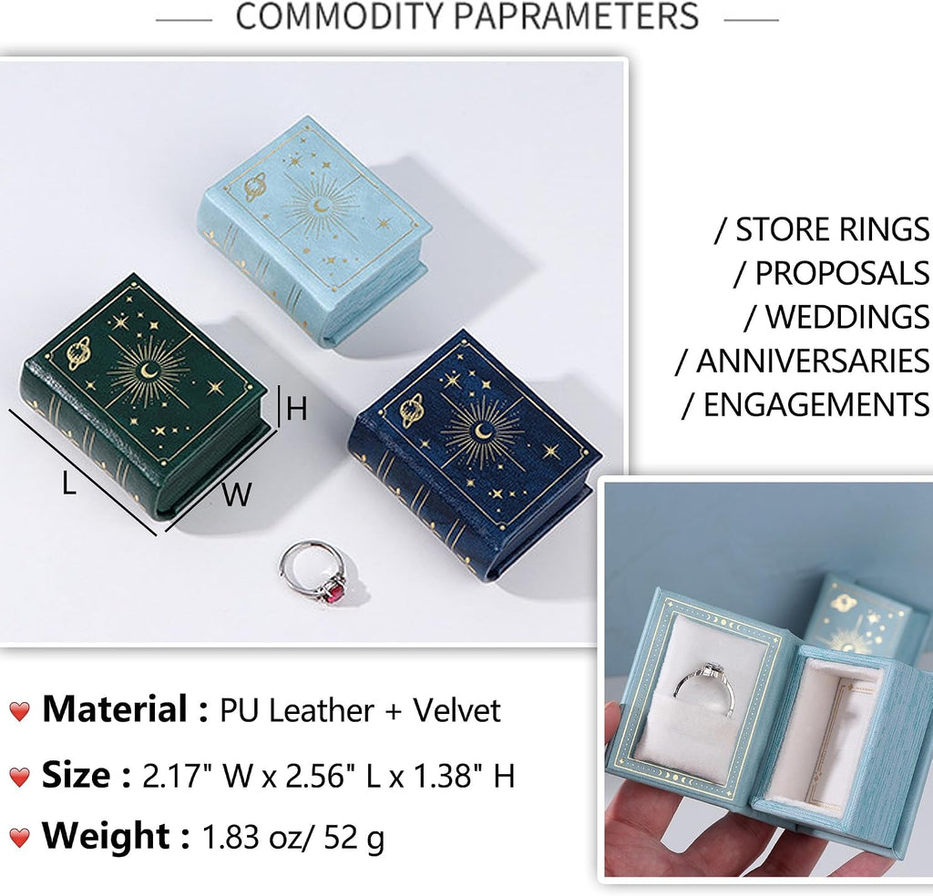 Vintage Magic Book-Shaped Ring Box Starry Sky Pattern PU Leather with Magnetic Closure for Proposal Engagement Gift (Green)