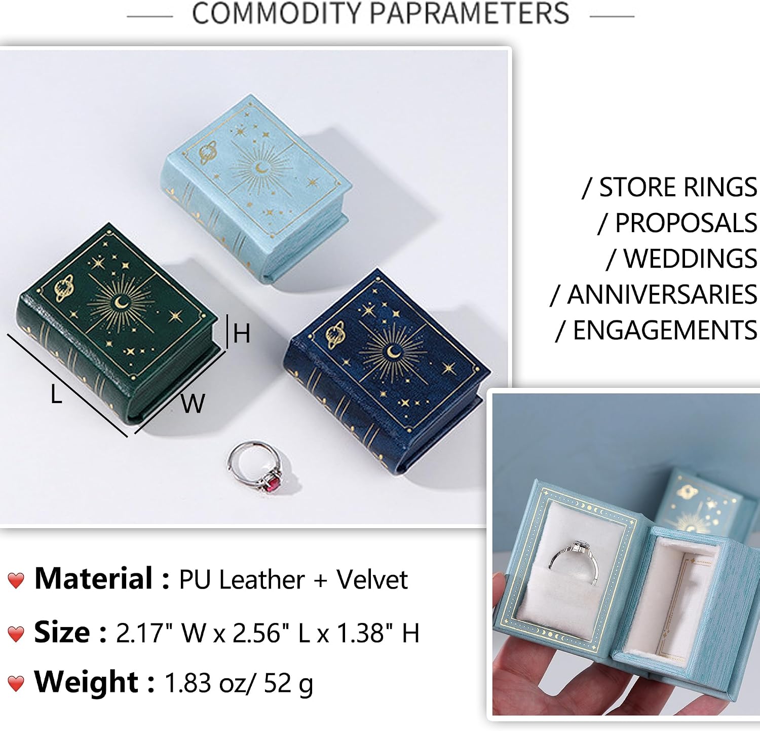 Vintage Magic Book-Shaped Ring Box Starry Sky Pattern PU Leather with Magnetic Closure for Proposal Engagement Gift (Green)