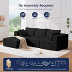 KINGYES Boneless Chaise Lounge Chair for Modular Sectional Sofa, L Shape Corduroy Upholstered Chaise Lounge for Living Room, Black