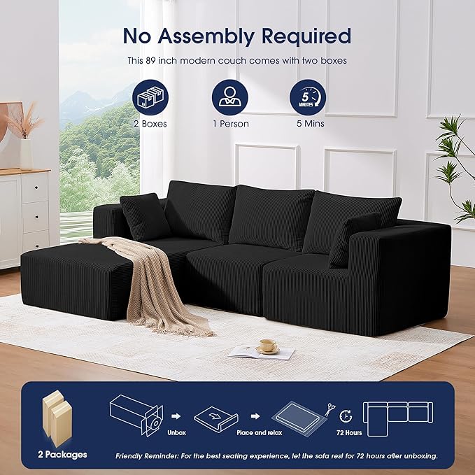 KINGYES Boneless Chaise Lounge Chair for Modular Sectional Sofa, L Shape Corduroy Upholstered Chaise Lounge for Living Room, Black