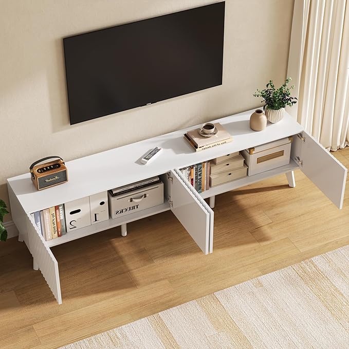 70.9” TV Stand for TVs up to 70,TV Console with Two Storage Compartments, Modern Entertainment Center with 6 Supporting Legs and Grooved Drawer Fronts, TV Stand for Living Room, Bedroom, White