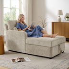 58" Oversized Chaise Lounge Chair with Storage, Chenille Camel | Adjustable Backrest, 2 Back Pillows, Comfy Reading Chair Indoor, Upholstered Sleeper Chair for Living Room, Bedroom, Office