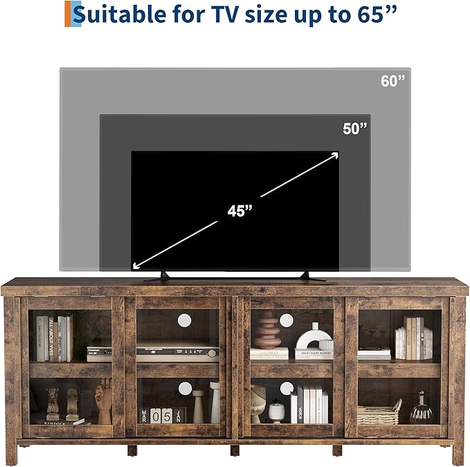 GAOMON TV Stand for 65" with Entertainment Center, Storage Cabinet, 4 Sliding Glass Doors, Mid Century Modern Media TV Console Table for Living Room Bedroom, Retro Brown